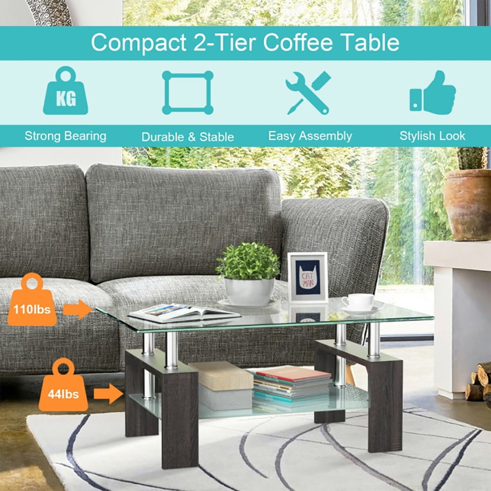 Finihen Glass Coffee Table, Rectangular Coffee Table, Rectangular Tempered Glass Coffee Table with Shelf, for Living Room, Reception Room, Black Finihen Glass Coffee Table, Rectangular Coffee Table, Rectangular Tempered Glass Coffee Table with Shelf, for Living Room, Reception Room, Black