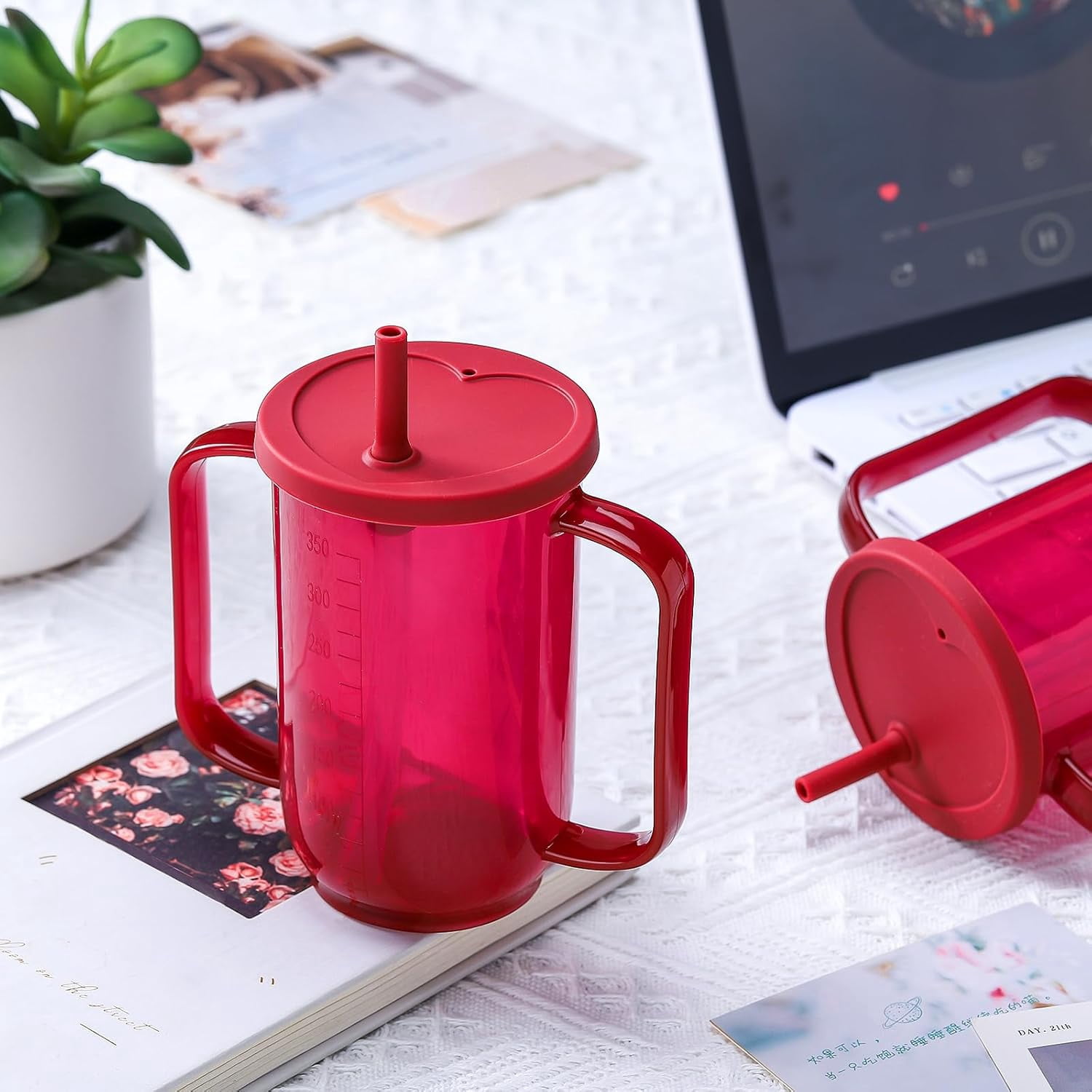 ABPETE Adult Sippy Cups for Elderly 12 oz Straw Sippy Cups with 2 Handles No Spill for Adults Spill Proof Dysphagia Cup for Disabled Patients(Red)