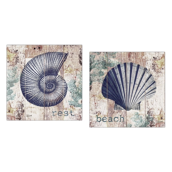 Lovely Coastal Spa Sea Shell Set by Tre Sorelle Studios; Two 12x12in Unframed Poster Prints (Printed on Paper, Not Wood)