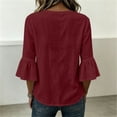thumbnail image 6 of hoksml Women's V Neck Partial Button 3/4 Bell Sleeve Blouse, Curved Hem Linen Texture Casual Tunic Top for Office Daily Wear, 6 of 8