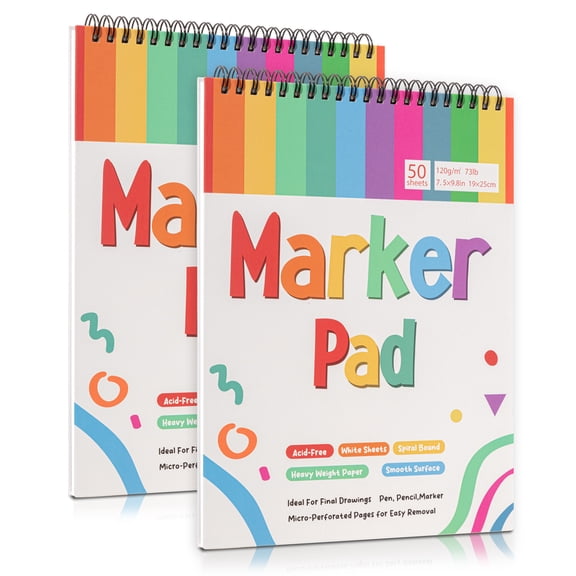 2 Pack 50 Sheets Marker Paper Pad, 7.5×9.8 Inch Bleedproof Art Sketch Pad, 73lb/120gsm Drawing Paper Spiral Sketch Book, Painting Coloring Alcohol Marker Paper for Beginners, Artists, Gift