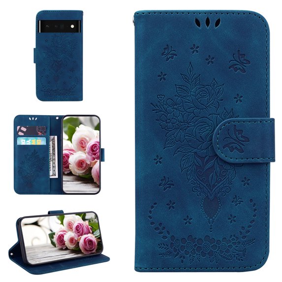 Google Pixel 6 Pro Phone Case, Butterfly Embossed Pattern PU Leather Magnetic Folio Flip Kickstand Protective Cards Pocket with Hand Strap Wallet Cover for Google Pixel 6 Pro,Blue