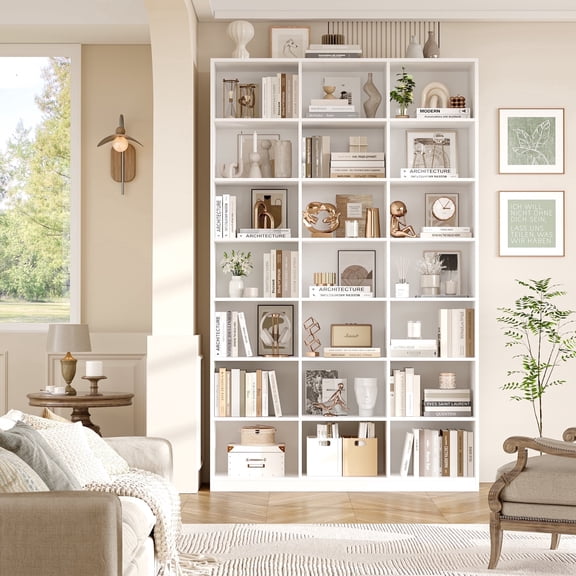 Hiphuta 86"H x 47"W Wood Triple 7-Tier Standard Bookcase, Tall Bookcase for Bedroom, Living Room and Office, Freestanding 21 Cubes Display Storage Shelves, White