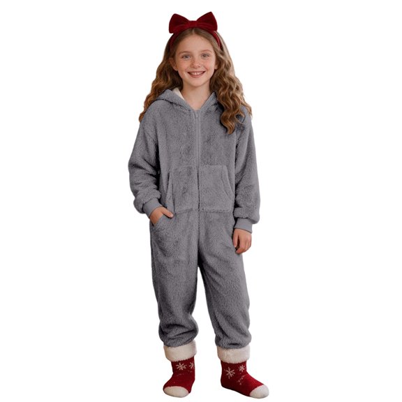 Boys Hooded Onesie Pajamas Kids Long Sleeve Zip-Front One Piece Fuzzy Sleepwear Jumpsuit with Pockets Winter Warm Loungwear