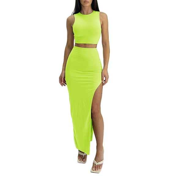 Lnzyyephy Women Summer 2 Pieces Outfits Solid Color Crew Neck Sleeveless Tank Tops Wrapped Hip High Slit Long Skirts Set