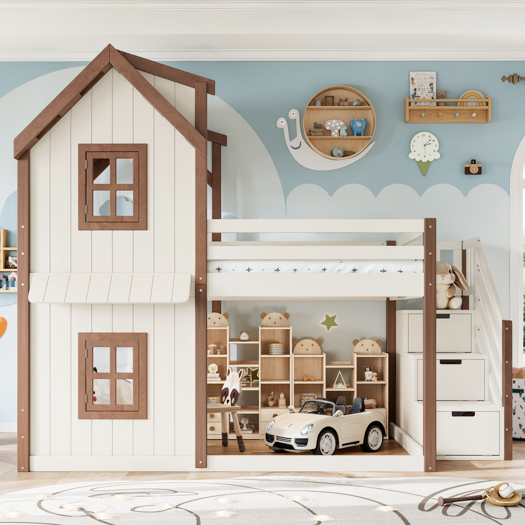 Leumius Full over Full House Bunk Bed with Storage Stairs, Kids Playhouse Bunk Bed with Roof and Windows, Solid Wood Bed Frame with Multifunctional Lower Space, Beige & Natural