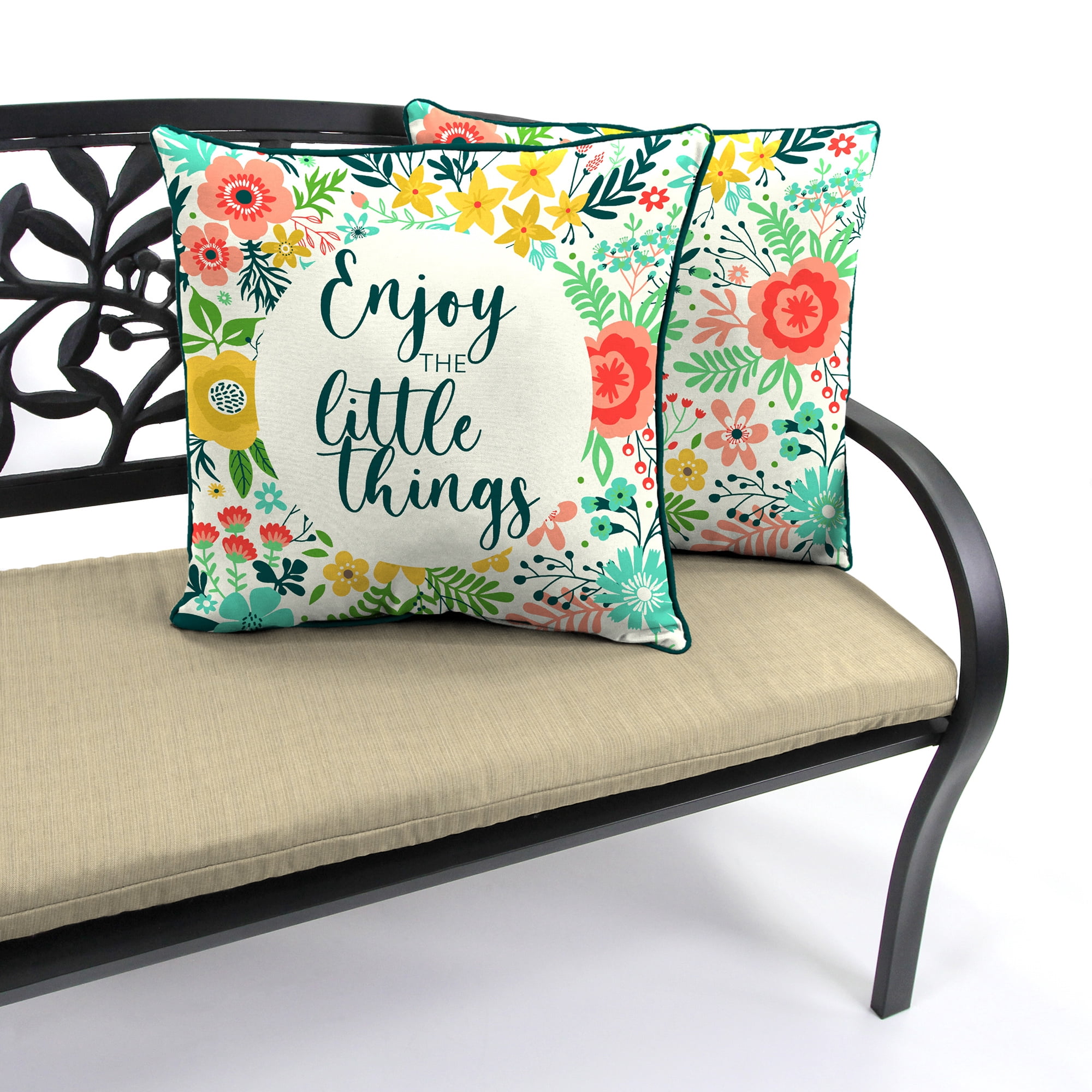 Jordan Manufacturing 16" x 16" Enjoy the Little Things Cream Novelty and Multicolor Floral Reversible Square Outdoor Throw Pillow with Welt