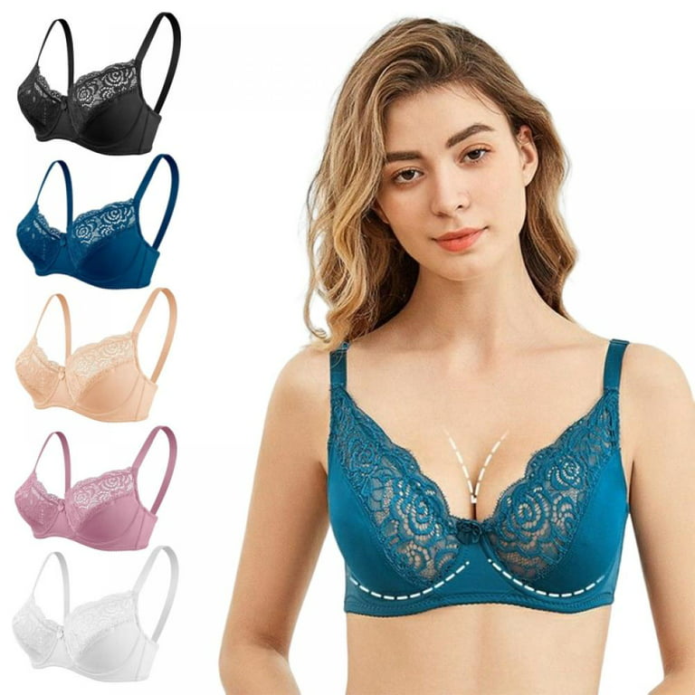 Lace Desire Underwire Bra, Full-Coverage Lace Bra with Underwire Cups,  Adjustment Type Large Chest Show Small Plunging Underwire Bra for Everyday,  Blue, 40/90C 