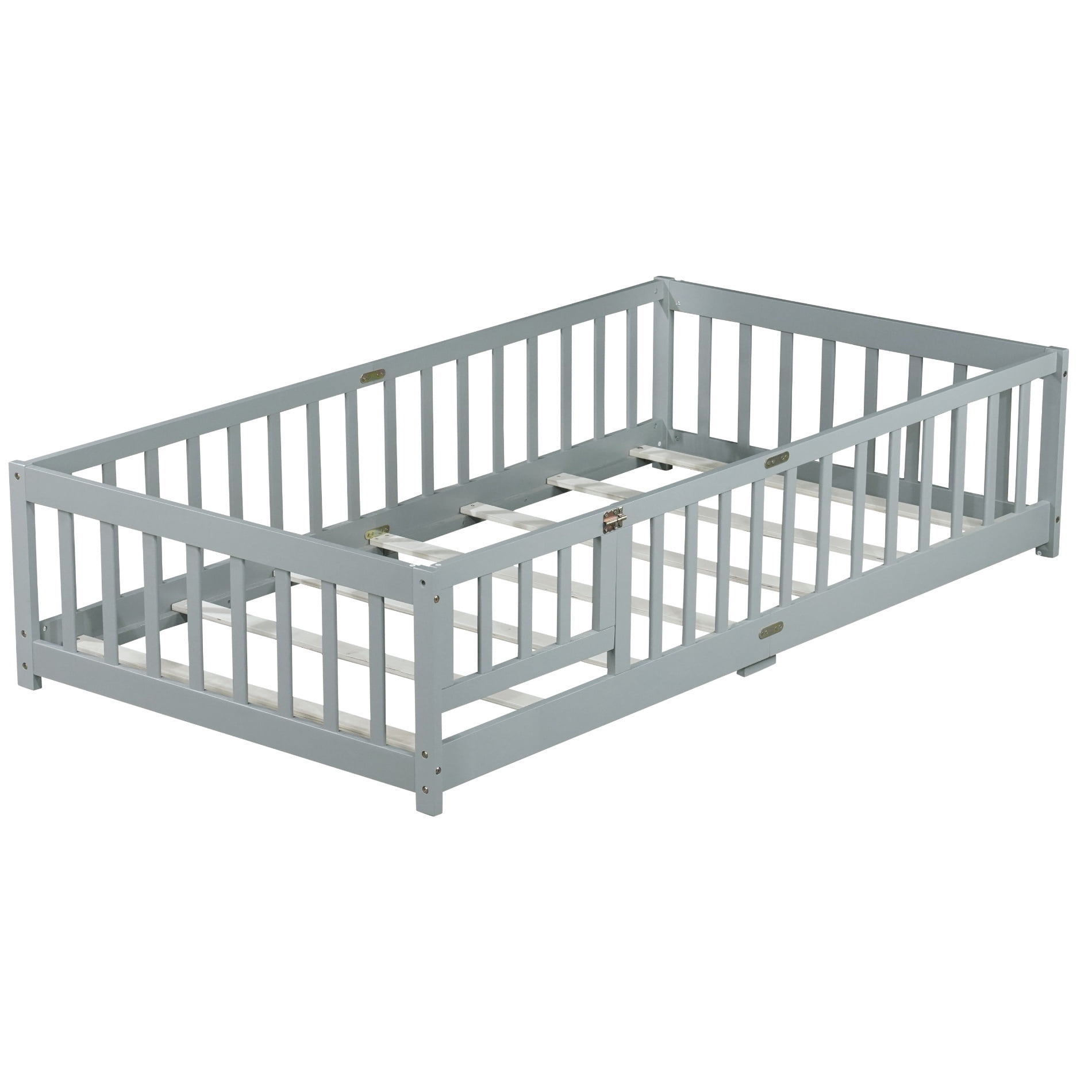 Alvantor Twin Size Floor Bed for Toddler, Solid Wood Floor Bed with Door and Fence Guardrail, Montessori Floor Bed for Boys, Girls,Gray