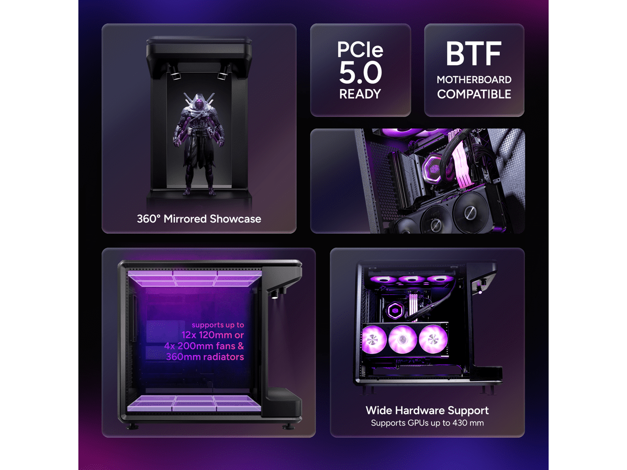 Cooler Master MasterFrame 360 STAGE Mirror Open-Frame ATX PC Case, Front Mirrored Display Platform, 430mm GPU Max, 360mm Radiator Support, PCIe 5.0, support up to 12×120mm Fans, USB4 Type-C
