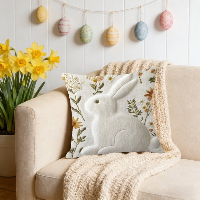Tdxkok Easter-themed Embroidered Rabbits Cushion Cover Soft Throw Pillow Cover for Sofas and Chairs Suitable for Easter Sofa and Bedroom Decoration Happy Easter Decorations