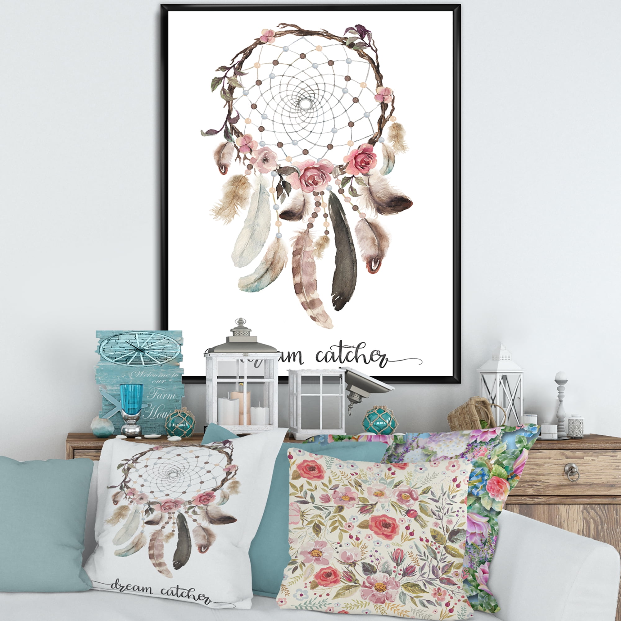 Designart 'Dream Catcher Made With Ethnic Feathers' Bohemian & Eclectic Framed Canvas Wall Art Print