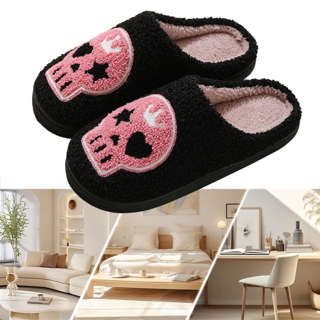 Esqueleto Con Corona Zapatos Casa Cálidos Y Sin Cordones Punta Cerrada Felpa Halloween Cómodas Lindas Antideslizantes para Interior Exterior