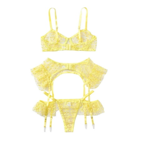 

VerPetridure Thongs for Women Pack Cotton Underwear Sexy Panties for Women Yellow Underwire Bra Embroidery Thong Temptation Underwear Garter Belt