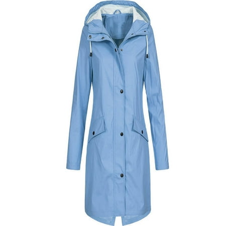 Women's Solid Rain Jacket Outdoor Hoodie Waterproof Long Coat Overcoat ...