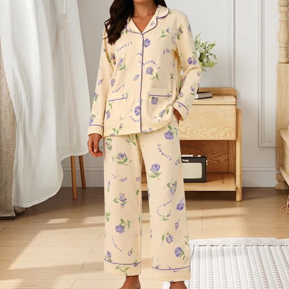 Lumistal Womens Pajama Sets Long Sleeve Button Down Shirt and Capri Pant Cute Patterned Fall Comfy Soft 2 Piece Pajamas Set With Pockets Women's Sleepwear M