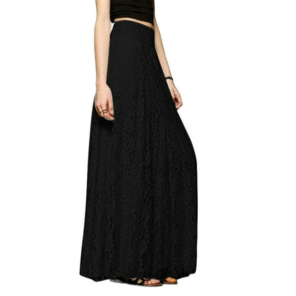 SHCKE Womens Lace Maxi Skirt High Elastic Waist A-Line Floral Lace Maxi Long Skirts, Black/White/Beige