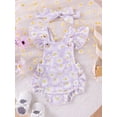 thumbnail image 2 of Nygoyerh Baby Girls Newborn Infant 3 6 9 12 18M Romper Waffle Daisy Print Jumpsuit Flying Sleeve Playwear U Neck Outfit with Headband Toddler Girl Clothing for Summer, 2 of 7