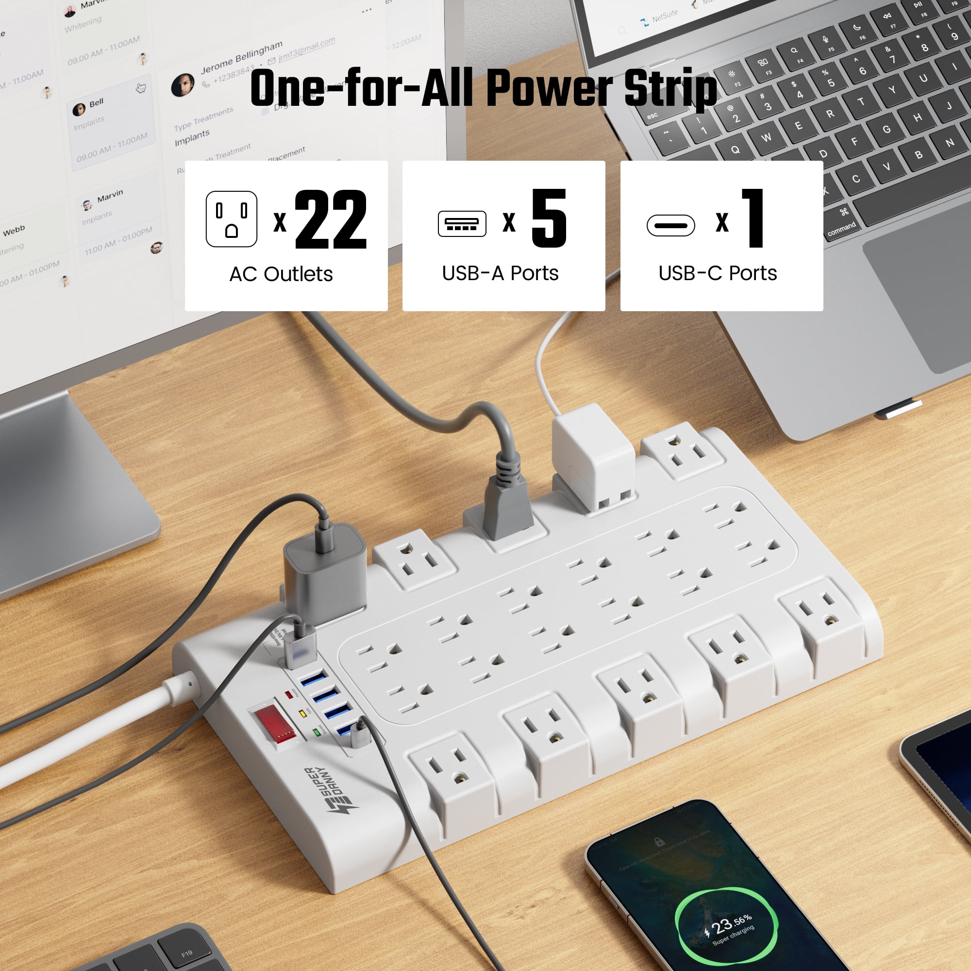 Power Strip with 22 Outlet and 6 usb ports with Cable Manager, 5.5 Ft Long Cord,White