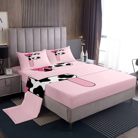 Erosebridal Letter Initial F Sheet Set Twin,Kawaii Bow Bedding Sets Twin Size,Microfiber Bed Sheets Twin,Cow Print Decor,3pcs