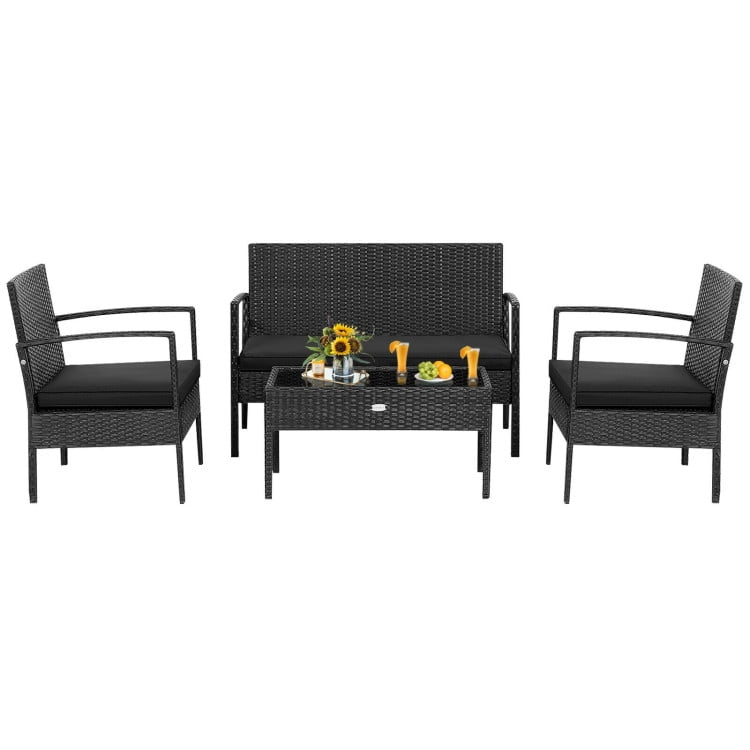 Aimee Lii Rattaner Outdoor Patio Furniture, 4 Pieces Patio Rattan Wicker Conversation Set Sofa Cushioned Glass Table, Black Aimee Lii Rattaner Outdoor Patio Furniture, 4 Pieces Patio Rattan Wicker Conversation Set Sofa Cushioned Glass Table, Black