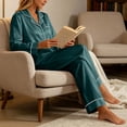 thumbnail image 6 of Women Silk Pajamas Set, Long Sleeve Satin Pajamas for Women Sleepwear Button Down Pjs Set Two-piece Green L(L), 6 of 6