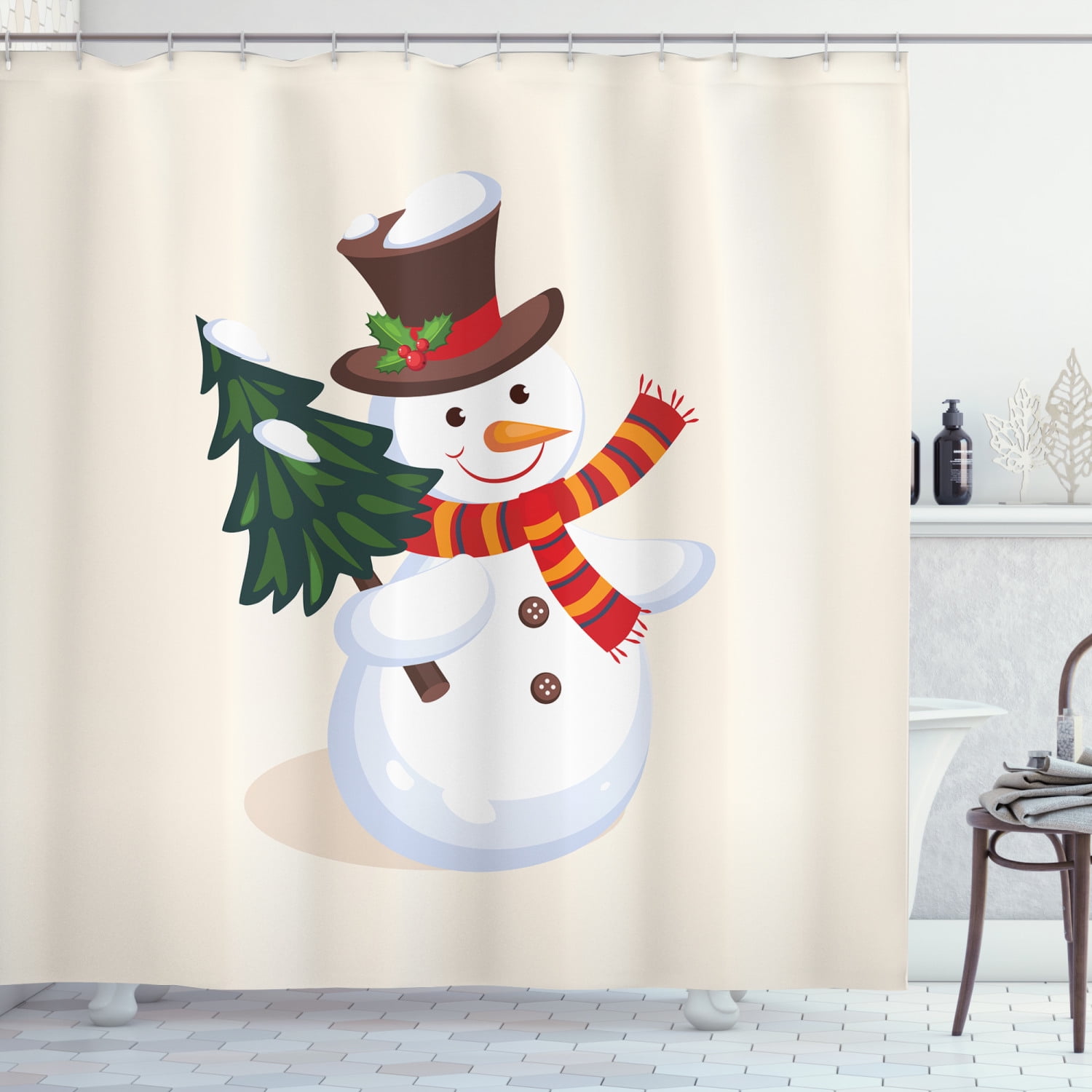Christmas Snowman and Tree  Waterproof Polyester Fabric Shower Curtain 71Inch 