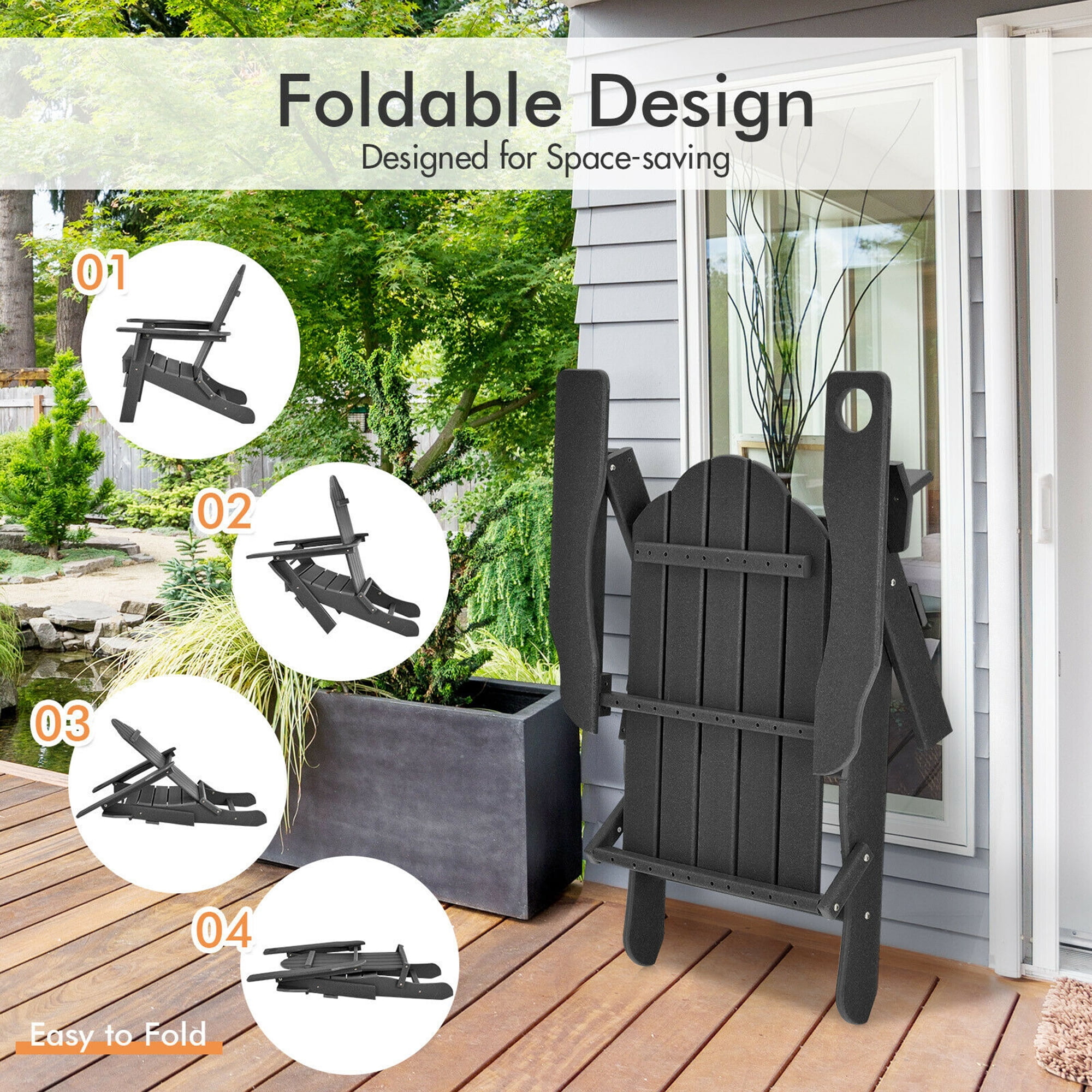 Gymax 2PCS Patio Folding Adirondack Chair Weather Resistant Cup Holder Yard Black