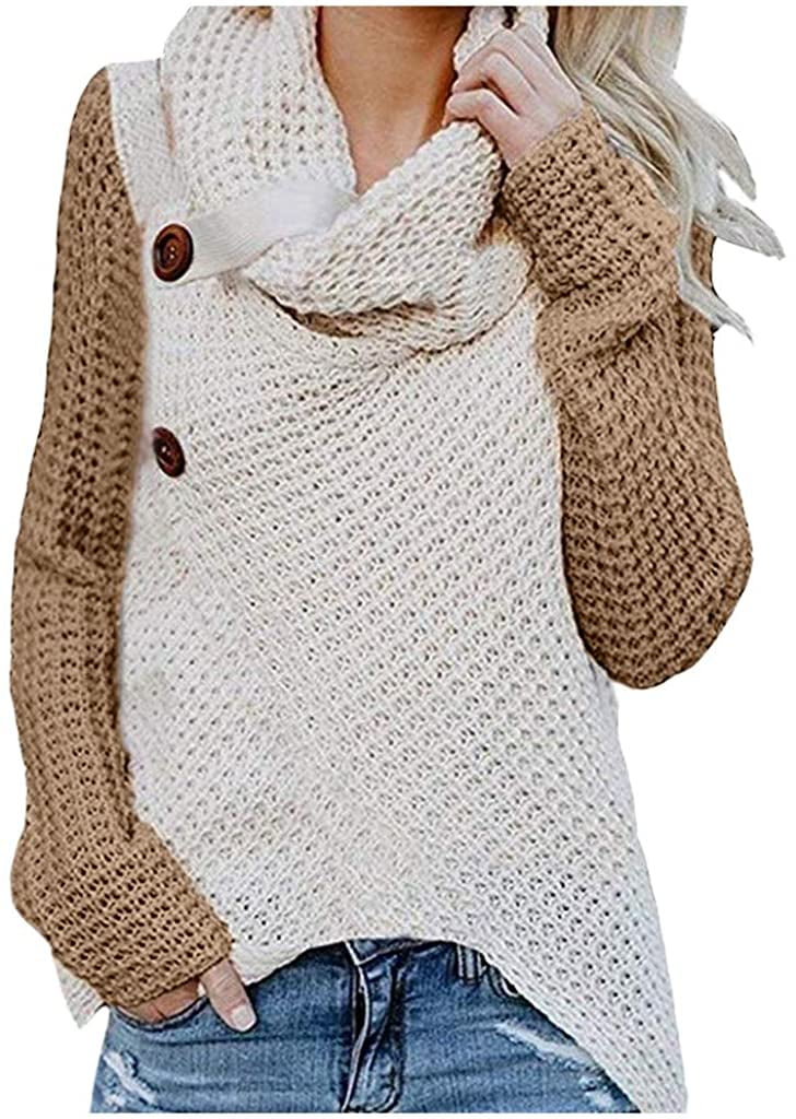 WOCACHI Womens Knitted Pullover Sweaters Stack Collar Jumpers Split Hem Blouses