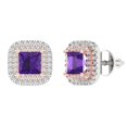 thumbnail image 2 of 2.31 Ct Princess Cut Halo Studs Purple Natural Amethyst 14K White Rose Solid Solid Gold Everyday Dainty Earrings Screw Back, 2 of 7