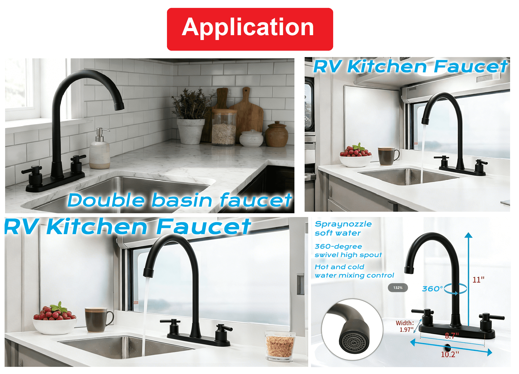 Kitchen Sink Faucet 2 Handle 8 Inch Centerset High Arc 360° Swivel Hot & Cold Faucet for Rv Camper Laundry Utility Bar Sinks Metallic RV Kitchen Faucet (Fit for 8 inch 2 or 3 Holes), Matte Black