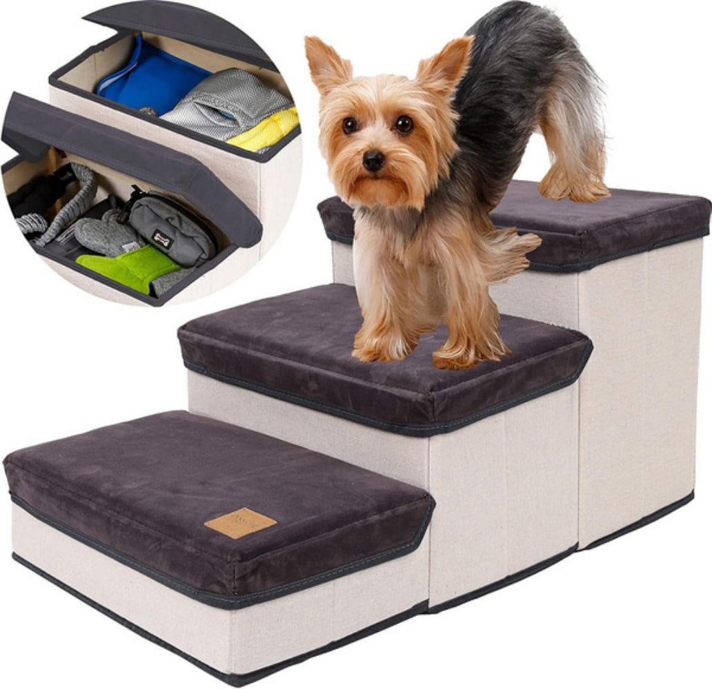 LEMONDA 3 Step Folding Dog Step Stairs,Foldable Dog Stairs with 3 Storage Boxes for High Bed & Sofa,Pet Storage Stepper & Safety Ladder for Cats Dogs up to 60 pounds 