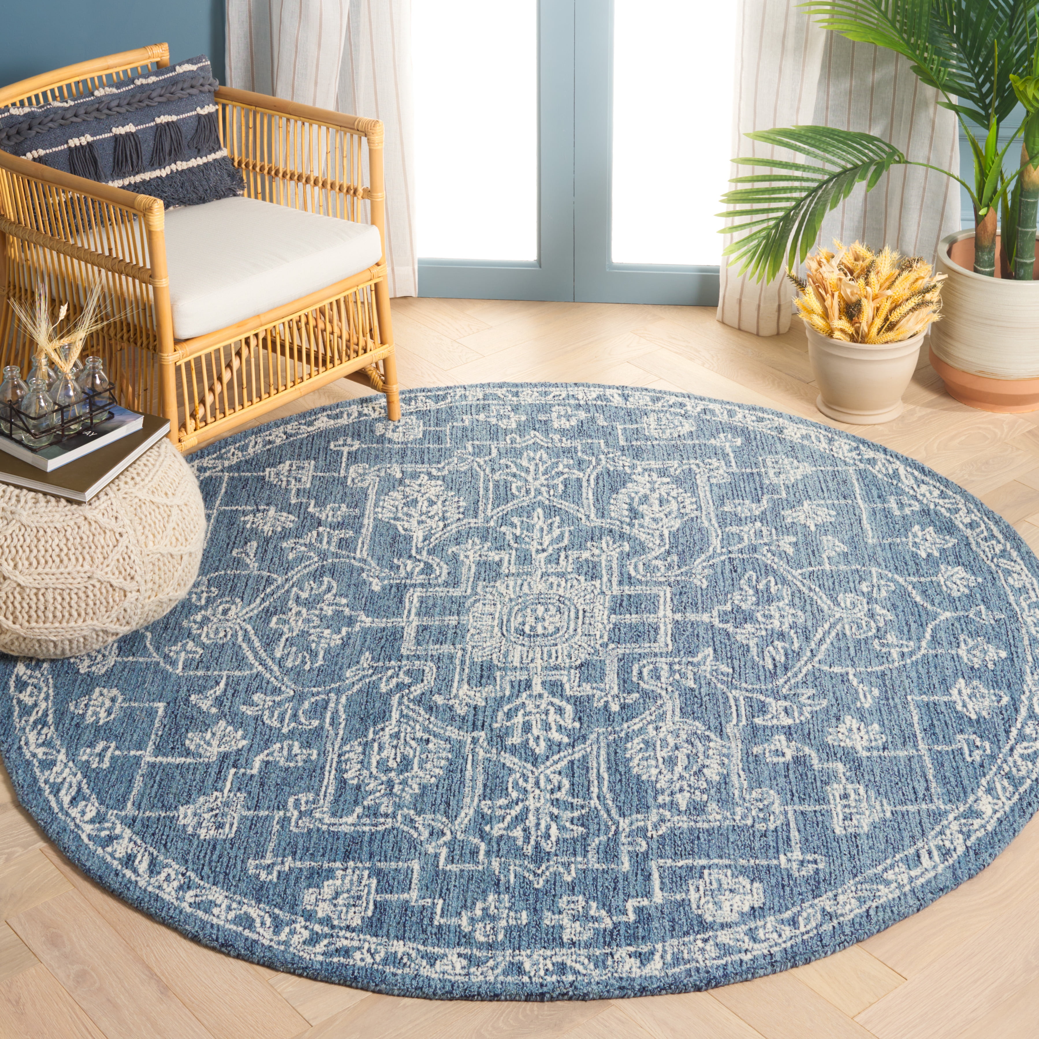 SAFAVIEH Micro-Loop Wesley Medallion Area Rug, Blue/Ivory, 6' x 6' Round