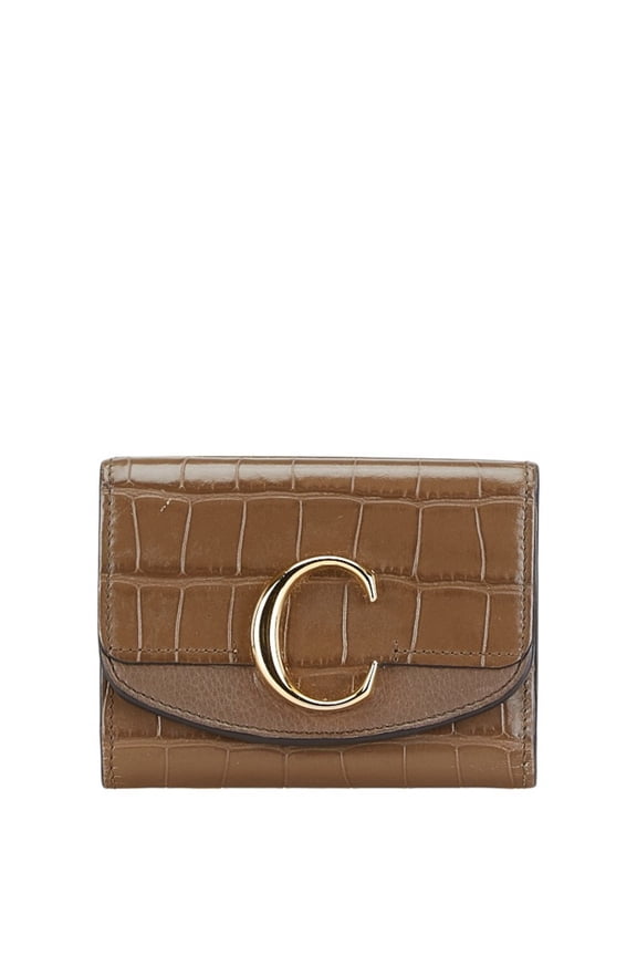 Pre-Owned Chlo Chloe Crocodile Embossed Tri-fold Wallet Brown Leather Women's (Good)