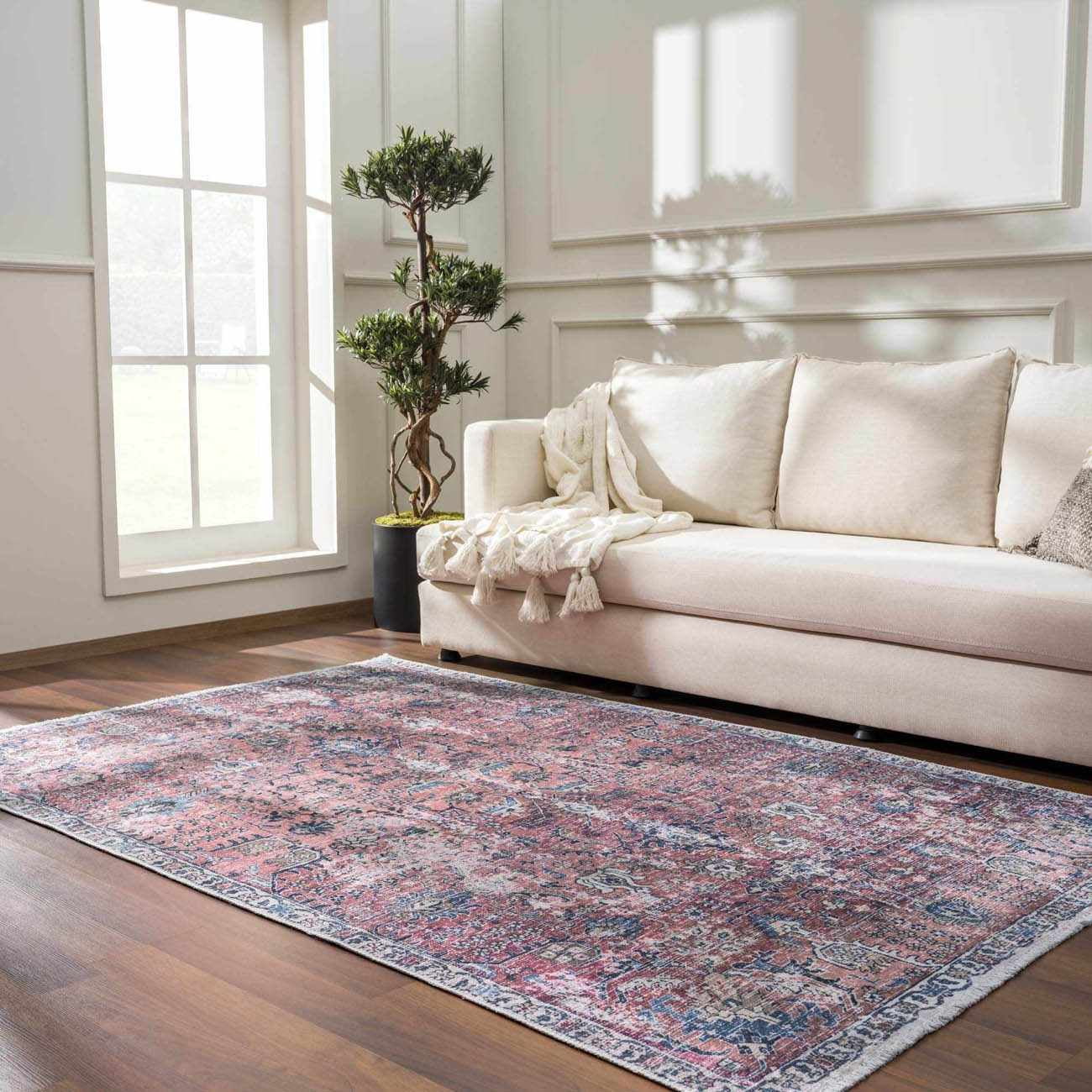 BoutiqueRugs Holli Washable Vintage Runner Rug - Machine Washable - Burgundy, Pale Pink, Olive - 2'7" x 10' Runner