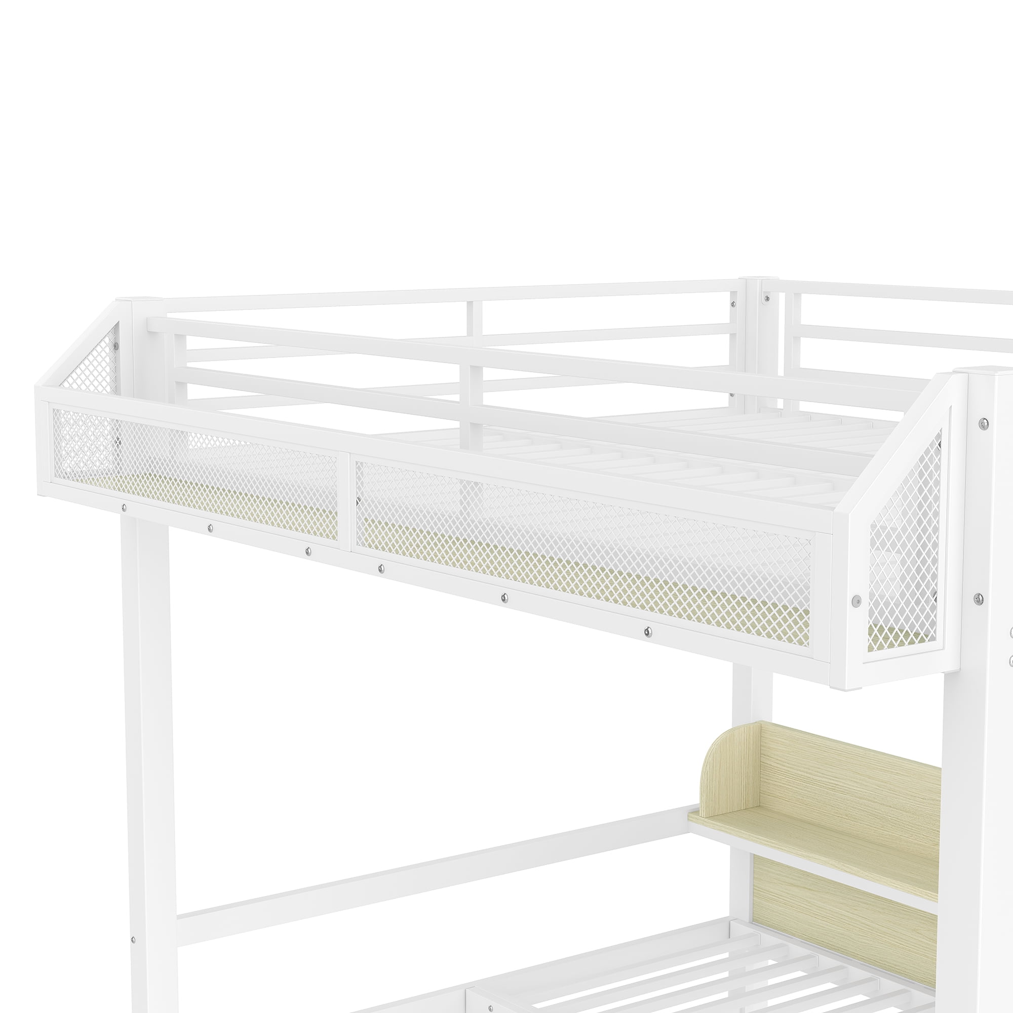 Aukfa Queen over Queen Metal Bunk Bed with Storage Drawers, Shelves, USB Ports & LED Lights, Convertible Bottom Sofa Bed, Heavy-Duty Bed Frame for Kids Teens Adults, White
