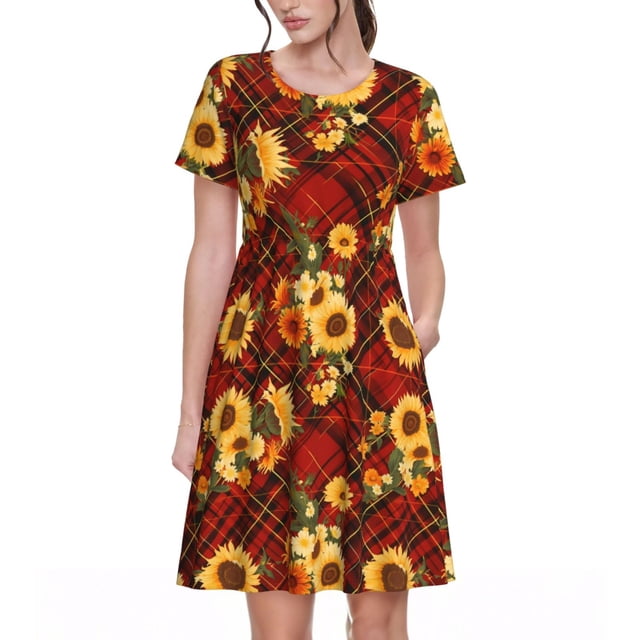 Balery Red Plaid Sunflower Vestidos sueltos de manga corta para mujer, vestidos de verano 2025, vestidos casuales de corte A con vuelo.