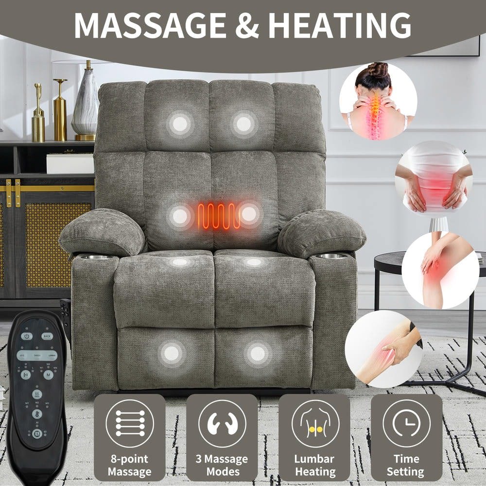 Resenkos Recliner 24.5" Wide with Dual Motors, Massage & Heat, Cup Holders, 350lb Capacity, Brown