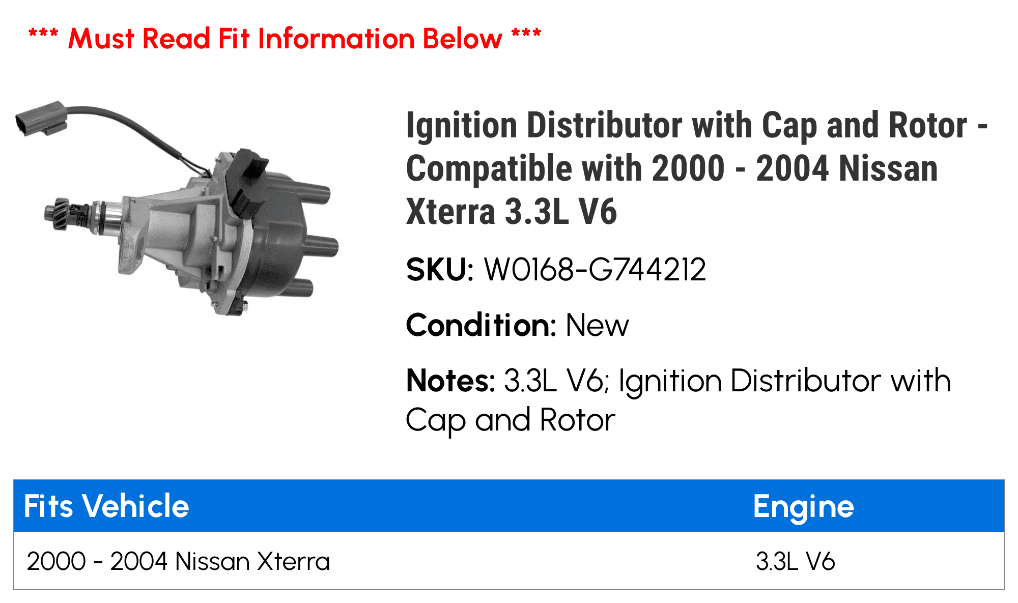 Ignition Distributor with Cap and Rotor - Compatible with 2000 - 2004 Nissan Xterra 3.3L V6 2001 2002 2003