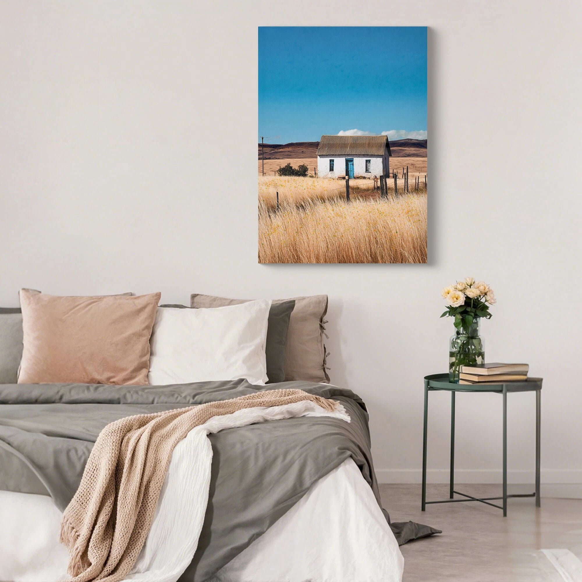 Euroco 20x28inch Farmhouse Canvas Wall Art, Framed White house Picture Rustic Countryside Farm Painting Print, Vintage Country Flowers Scene Artwork for Office Bedroom Living Room Decor