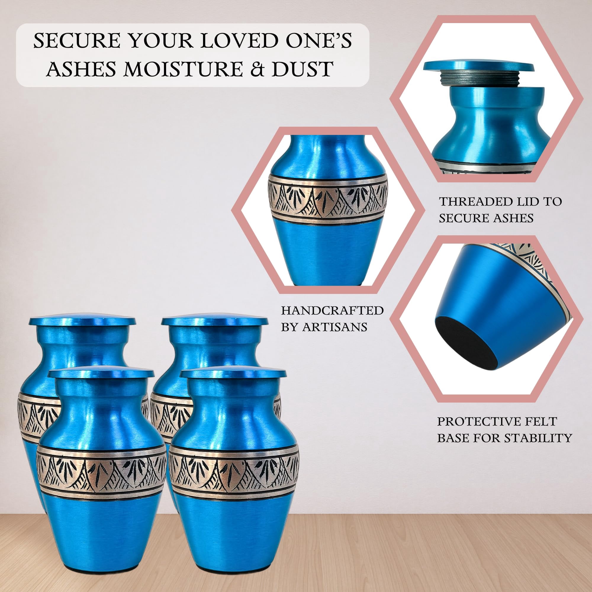 Nova Niche Small Violet Blue Aluminium Cremation Urns for Human Ashes – Mini Memorial Keepsake Set of 4 with Velvet Case