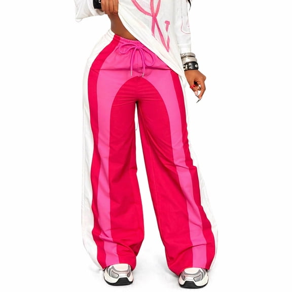 Dweltoz Women's Baggy Wide Leg Track Pants Elastic Waist Color Block Straight Leg Long Pants Athletic Loose Stretchy Y2k Joggers,Red S