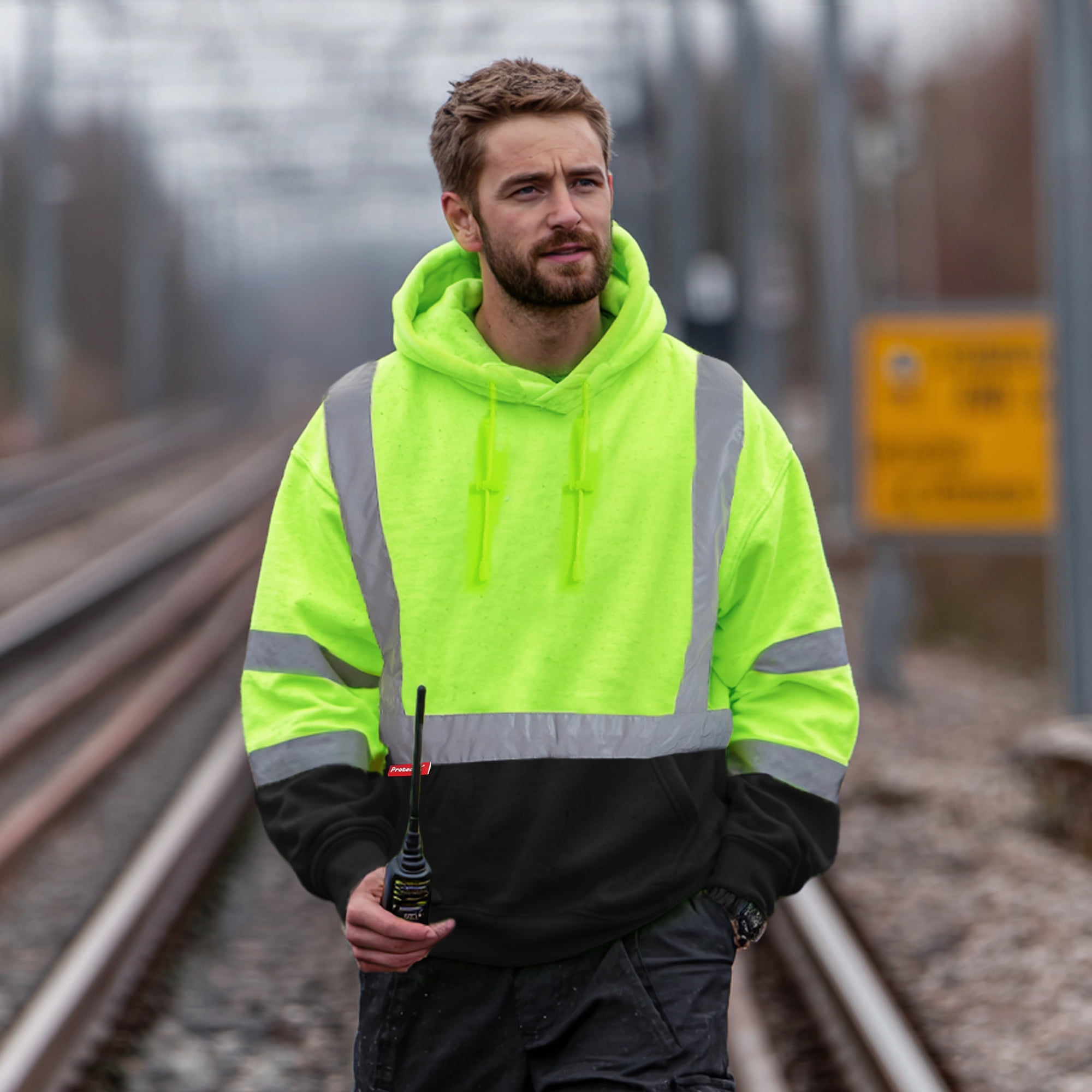 ProtectX Hi Vis Safety Hoodie for Men Women, Class 3 Reflective High Visibility Sweatshirt with Large Pocket, Long Sleeve Hooded Drawstring Pullover for Work & Construction, Green, X Large