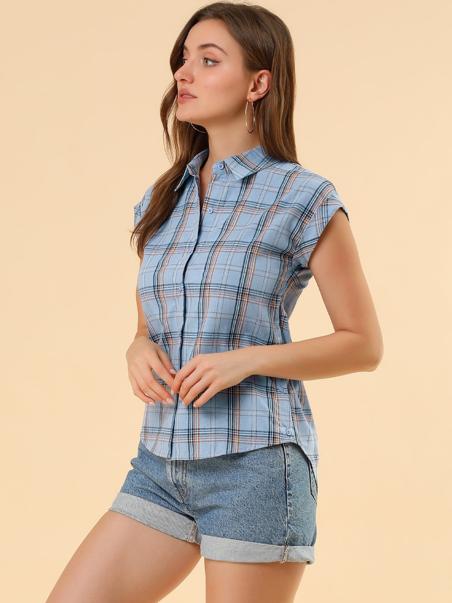 DARING DIVA Women's Summer Plaid Short Sleeves Button Down Shirts 3XL Blue