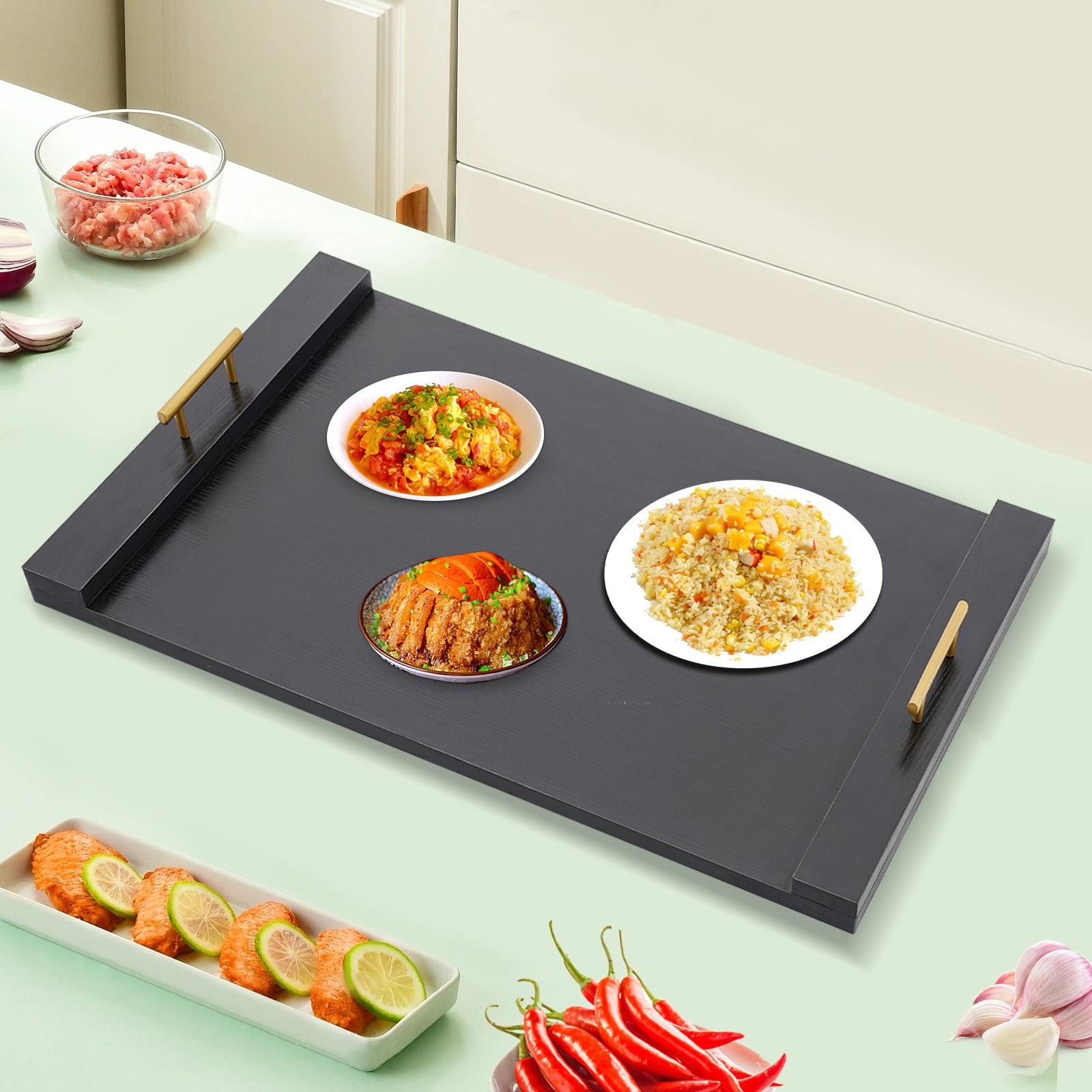 Wood Stove Cover, Noodle Board Stove Covers with Handles, Stovetop Plate for Gas Burner & Electric Stove, Wooden Stovetop Cover Cutting Board for Counter Space, 29.9 * 21.6in (Black)