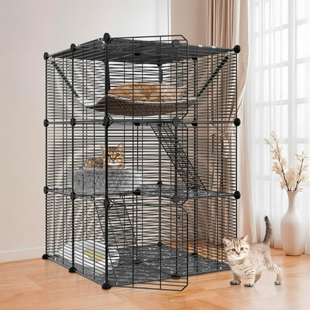 QHTER Cat Cage Indoor Cat Enclosures DIY Cat Playpen Detachable Metal Wire Kennels with Extra Large Hammock for 1-2 Cats, Ferret, Chinchilla, Rabbit or Small Animals