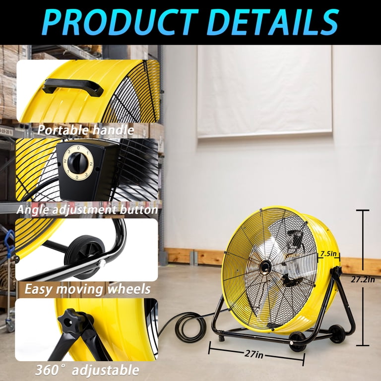 24 Inch Industrial Drum Fan, 3 Speed, 8100 CFM, High Velocity, For