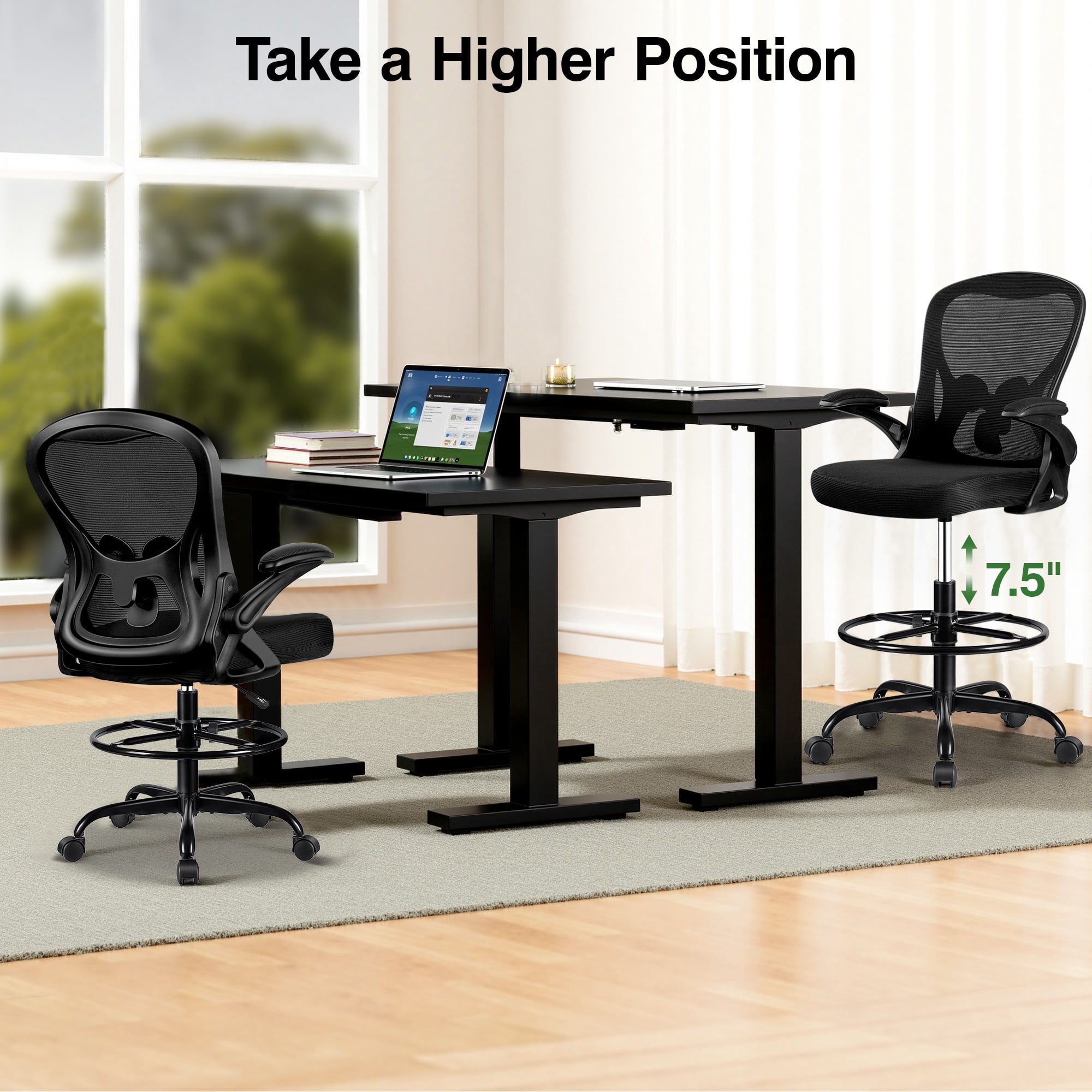 ATHOPE Ergonomic Office Chair, Mesh Desk Chair with Lumbar Support, Tall Office Chair with Flip-Up Armrests and Footrest Ring, Adjustable Computer Chair for Standing Desk Home Office, Black
