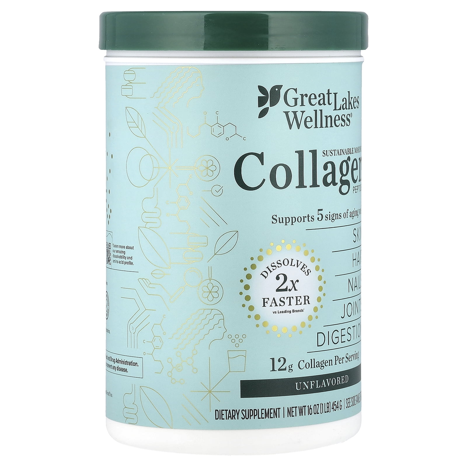 Great Lakes Wellness Sustainable Marine Collagen Peptides, Unflavored, 16 oz (454 g)