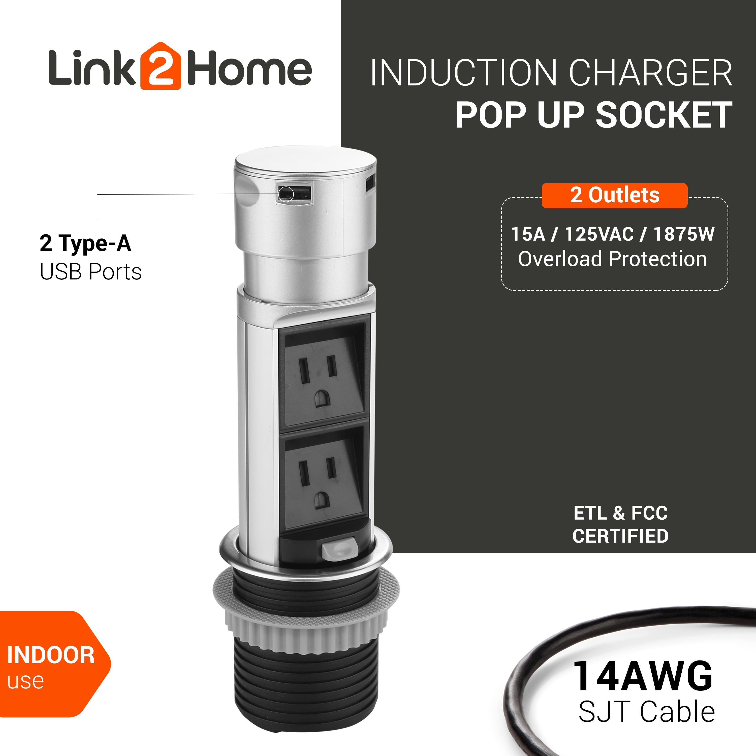 Link2Home Space Saver Pop Up Outlet, 2 Power Outlets, 2 USB Ports 2.4 Amp, Overload Protection, Splash Resistant